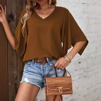 Женский летний новый модный однотонный топ с V-образным вырезом и рукавами «летучая мышь» S темно-коричневого