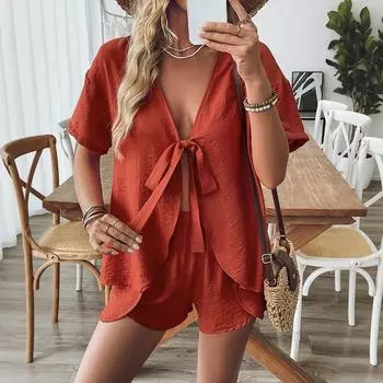 Женский летний новый модный повседневный комплект из двух предметов: рубашка с завязками на груди и шорты S