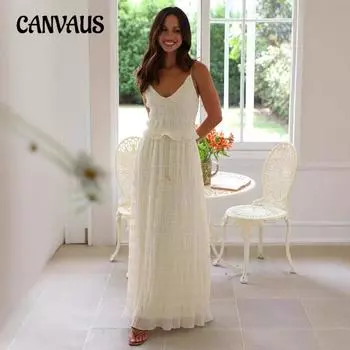 Женский летний новый однотонный элегантный шифон с бретельками через шею длинная юбка-торба сотня складок кружева длинная юбка костюм S белый