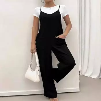 Женский летний новый однотонный повседневный темпераментный пригородный карманный комбинезон на подтяжках S чёрный