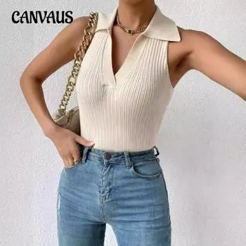 Женский летний новый однотонный жилет-поло с воротником-поло и полосками без рукавов S белый