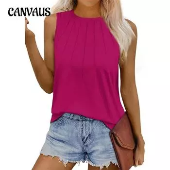 Женский летний новый плиссированный топ без рукавов с круглым вырезом S белый