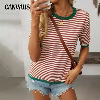 Женский летний новый повседневный джемпер с круглым вырезом в полоску цвета столкновения с короткими рукавами S розовый