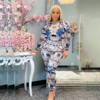 Женский летний новый повседневный костюм из двух частей с длинными рукавами и принтом в виде небольшого аромата S розовый