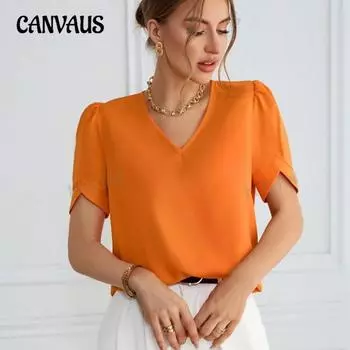 Женский летний новый повседневный топ с рукавами-фонариками и V-образным вырезом XS оранжевый