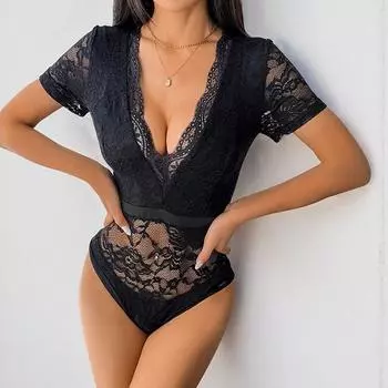 Женский летний новый праздничный кружевной сексуальный комбинезон с коротким рукавом и V-образным вырезом S