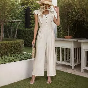 Женский летний новый прямой комбинезон с оборками на рукавах, модный темпераментный пригородный комбинезон с высокой талией S абрикосовый