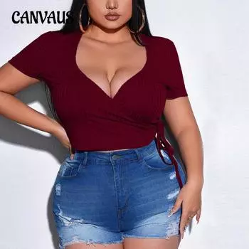 Женский летний новый сексуальный облегающий трикотажный однотонный топ с V-образным вырезом и короткими рукавами 1XL бордовый