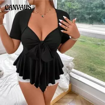 Женский летний новый сексуальный топ с V-образным вырезом и бантом 1XL чёрный