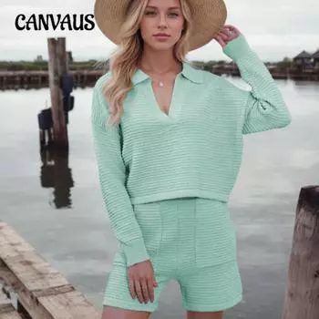 Женский летний новый свободный модный длинный рукав блузка шорты трикотажный костюм S чёрный