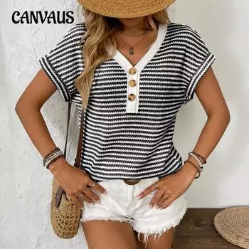 Женский летний новый трикотажный свитер с V-образным вырезом и пуговицами, короткий рукав S чёрный