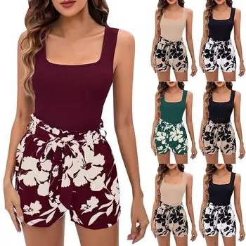 Женский летний новый вязаный костюм, жилет в рубчик + шорты с цветочным принтом, повседневный комплект L чёрный