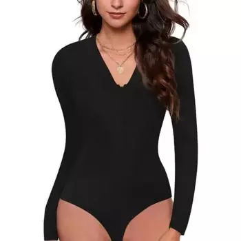 Женский летний облегающий эластичный комбинезон на молнии с v-образным вырезом и длинными рукавами S чёрный