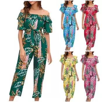 Женский летний облегающий комбинезон с принтом листьев и рюшами и короткими рукавами с принтом, комбинезон в уличном стиле