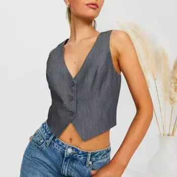 Женский летний однобортный кардиган без рукавов с v-образным вырезом, однотонный, с нерегулярным подолом, короткий формальный деловой кардиган L серый