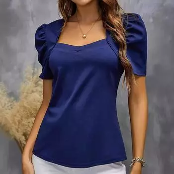 Женский летний однотонный элегантный топ с рукавами-фонариками S синий