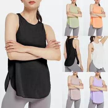 Женский летний однотонный дышащий быстросохнущий спортивный жилет для красоты спины для фитнеса и йоги с боковым разрезом M чёрный