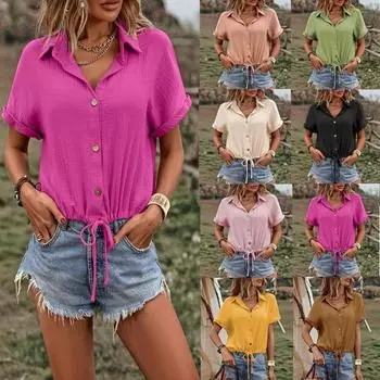 Женский летний однотонный кардиган на пуговицах со шнуровкой и короткими рукавами, женские топы, блузки и рубашки S чёрный