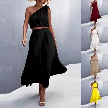 Женский летний однотонный комплект с наклонным плечом и бантом, открытое свободное платье из двух предметов S чёрный