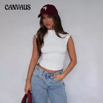 Женский летний однотонный плиссированный тонкий топ без рукавов с полувысоким воротом и простым комфортом XS белый