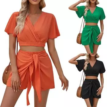 Женский летний однотонный повседневный комплект с короткими рукавами и шортами L