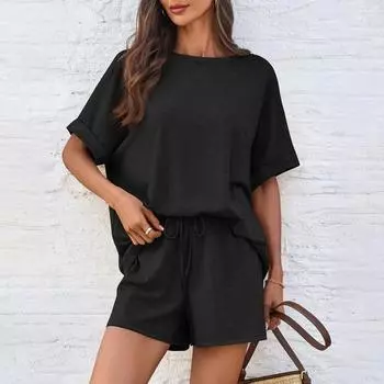 Женский летний однотонный повседневный костюм свободного покроя с коротким рукавом, шорты на шнурке, спортивная одежда L чёрный