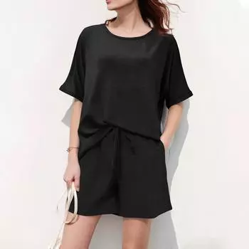 Женский летний однотонный повседневный костюм свободного покроя с коротким рукавом, шорты на шнурке, спортивная одежда S синий