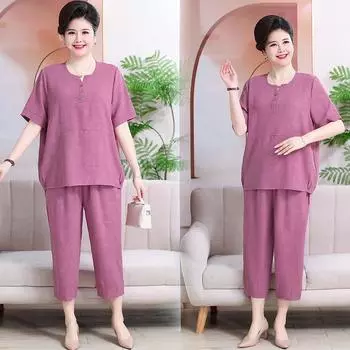 Женский летний однотонный простой свободный костюм больших размеров для людей среднего и пожилого возраста, топ с короткими рукавами и брюки, костюм из двух частей 7XL фиолетовый