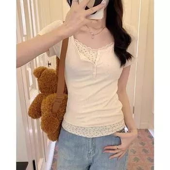 Женский летний однотонный пуловер с круглым вырезом и пуговицами, кружевная лоскутная футболка с короткими рукавами, офисные женские повседневные сексуальные винтажные топы XL синий