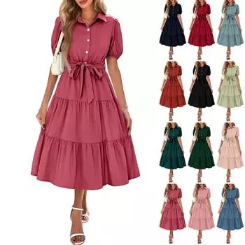 Женский летний однотонный сарафан с коротким рукавом, завязывающийся на талии, в стиле бохо, струящийся, многоуровневый, макси-сарафан XXL