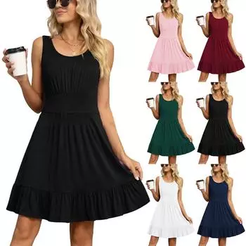 Женский летний однотонный сарафан с круглым вырезом, кружевная юбка-тортик, плиссированное платье с большим подолом XL винный