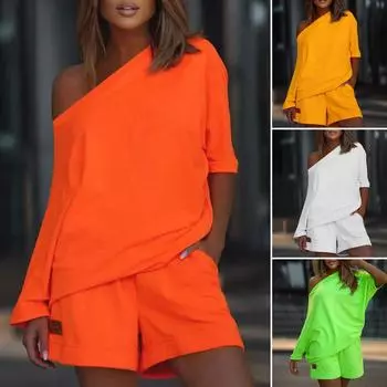 Женский летний однотонный спортивный костюм из 2 шт./компл., короткие штаны на одно плечо, топ для отдыха, комплект для повседневной носки S оранжевый