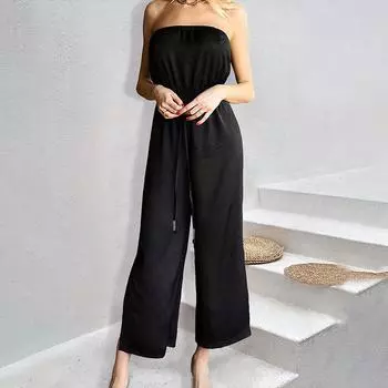 Женский летний однотонный свободный комбинезон с разрезом на поясе и широкими штанинами S чёрный