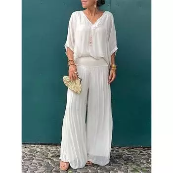 Женский летний однотонный свободный костюм для офиса, удобный свободный круглый вырез, футболка + брюки, комплект из 2 предметов 5XL