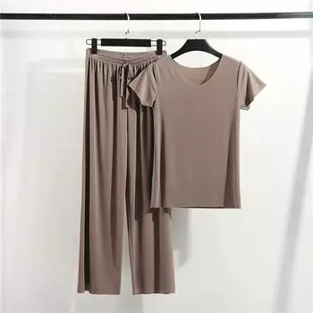 Женский летний однотонный свободный удобный комплект из повседневного свитера с короткими рукавами и брюк, комплект из двух предметов домашней одежды M темные хаки