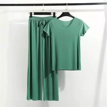 Женский летний однотонный свободный удобный комплект из повседневного свитера с короткими рукавами и брюк, комплект из двух предметов домашней одежды M темные хаки