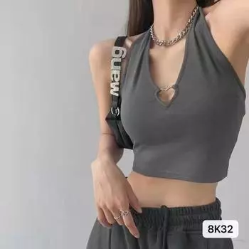 Женский летний однотонный топ без рукавов с открытой талией и лямками темно серый