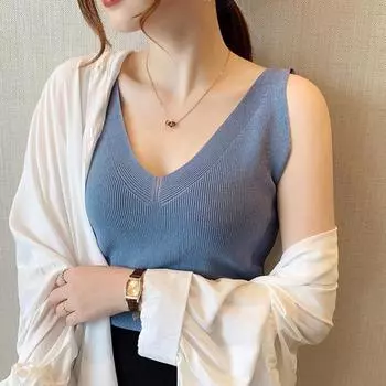 Женский летний однотонный топ без рукавов с v-образным вырезом на бретелях, облегающий вязаный свитер из ледяного шелка OneSize белый