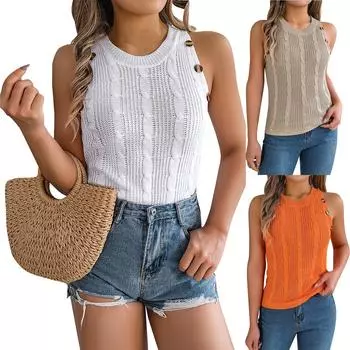 Женский летний однотонный топ без рукавов с пуговицами из конопли, вязаный свитшот для отдыха, рубашка от солнца L хаки