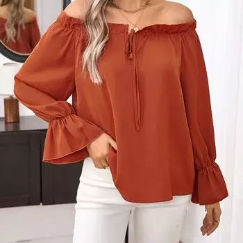 Женский летний однотонный топ на одно плечо с волнистыми краями и объемными рукавами S кирпич красный