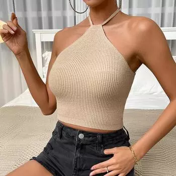 Женский летний однотонный жилет с открытой спиной и лямкой на шее, укороченный топ S розовый