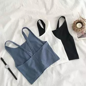 Женский летний однотонный жилет с открытой спиной и бретельками, укороченный топ M синий