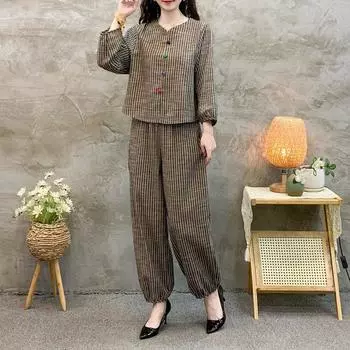 Женский летний офисный костюм больших размеров, клетчатая рубашка + широкие брюки, комплект из 2 предметов 5XL