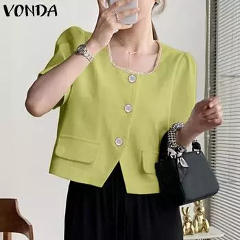 Женский летний пиджак с v-образным вырезом VONDA и короткими рукавами, с карманами и клапанами, маленький ароматный прямой однотонный пиджак