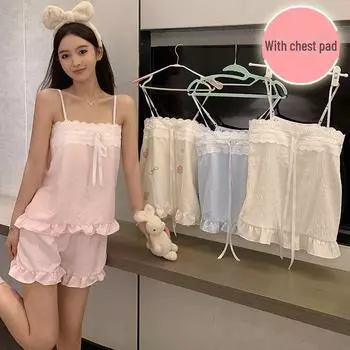 Женский летний пижамный комплект Cloud Cotton с нагрудной подкладкой, бретельками-спагетти, шортами и сексуальным чистым стилем. L
