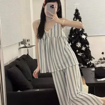 Женский летний пижамный комплект из 2 предметов, женский милый геометрический полосатый цветочный принт, топ и брюки, домашняя одежда, повседневная свободная ночная рубашка M