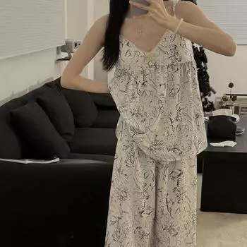 Женский летний пижамный комплект из 2 предметов, женский милый геометрический полосатый цветочный принт, топ и брюки, домашняя одежда, повседневная свободная ночная рубашка M