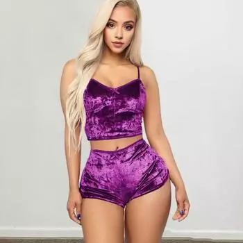 Женский летний пижамный комплект из 2 шт./компл. с V-образным вырезом и бантом, декор на тонких бретельках, эластичный короткий укороченный топ без рукавов с высокой талией, облегающие шорты, домашняя одежда, одежда для сна M фиолетовый