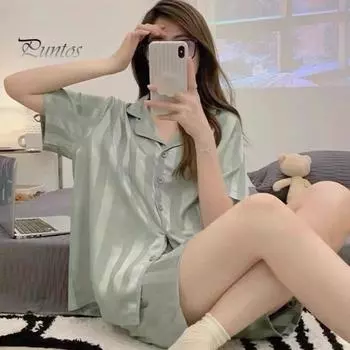 Женский летний пижамный комплект из 2 шт./компл., сплошной цвет, шелковистые полосатые лацканы с коротким рукавом, однобортный топ с эластичной резинкой на талии, свободные широкие брюки, рубашка для домашней одежды M белый