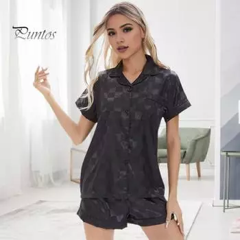 Женский летний пижамный комплект из 2 шт./компл. в клетку с принтом ледяного шелка и лацканами с короткими рукавами, однобортный топ с эластичной резинкой на талии, свободные брюки, комплект домашней одежды, рубашка и брюки M чёрный